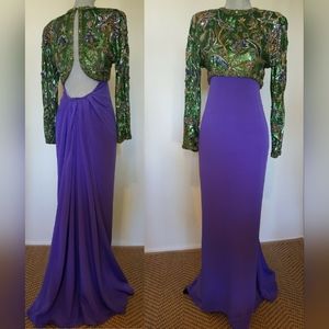 $11,000  OSCAR DE LA RENTA STUNNING SILK BEAD GREEN PURPLE RUNW GOWN DRESS M